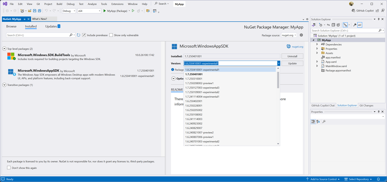 A screenshot of the Visual Studio nuget package manager with Microsoft.WindowsAppSDK 1.8.250410001-experimental1 selected.