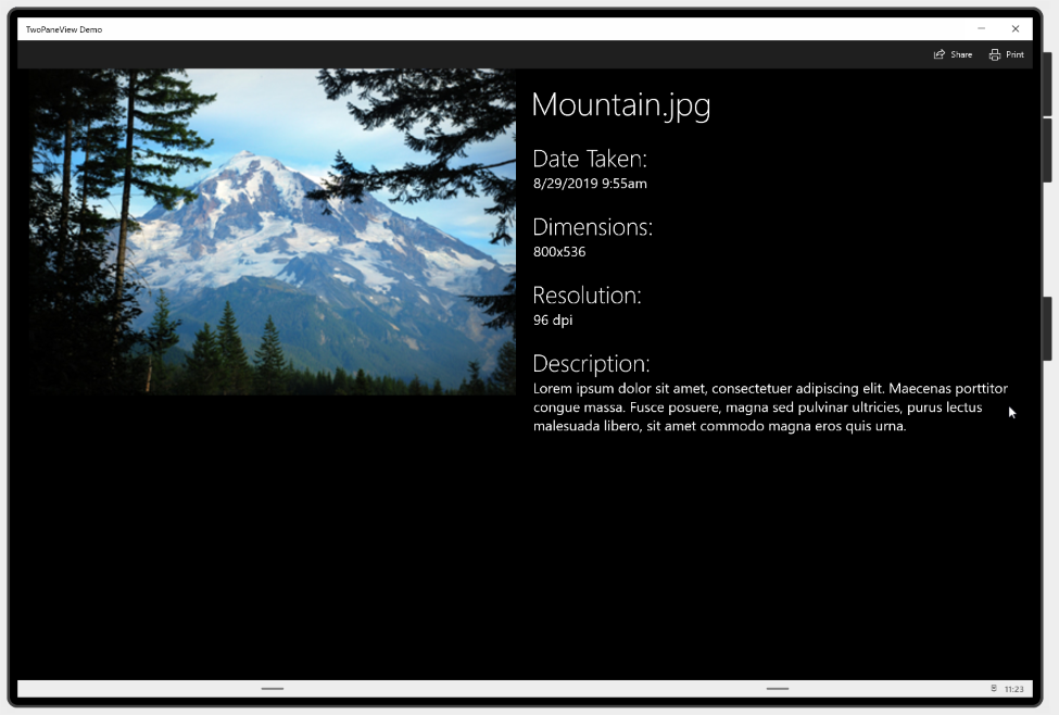 Two-pane view app in wide mode, with a photo of a mountain on the left and information about the photo on the right.