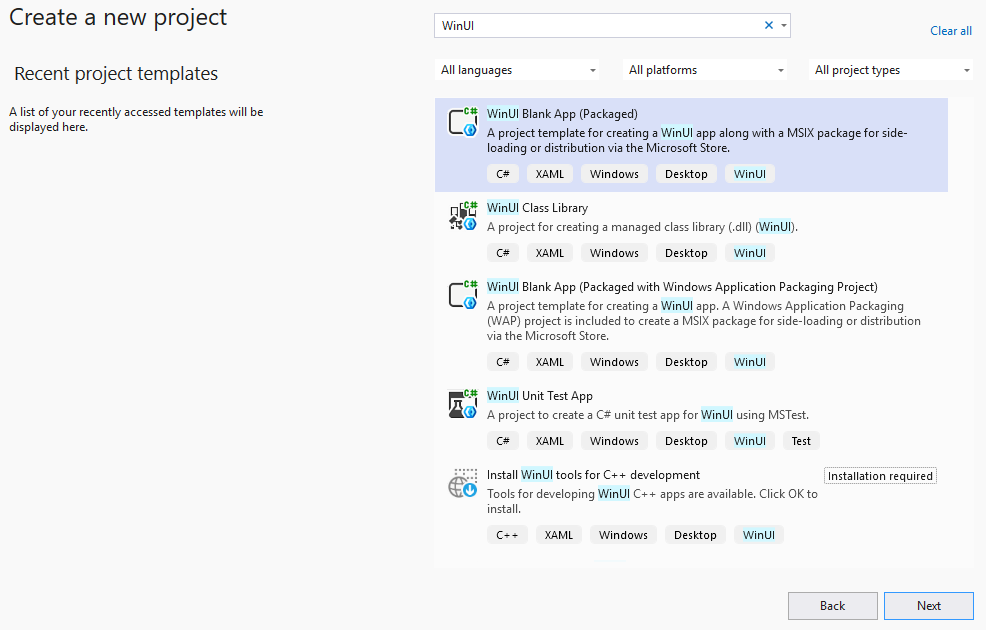Blank, packaged WinUI 3 C# desktop app
