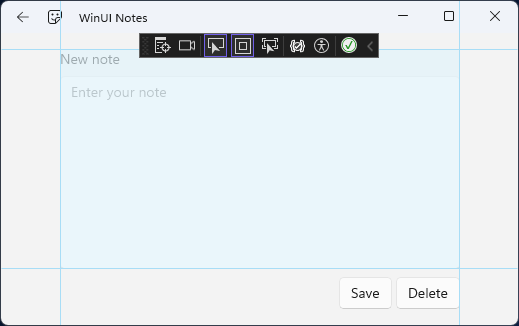 The new note page UI with the grid highlighted by Visual Studio.