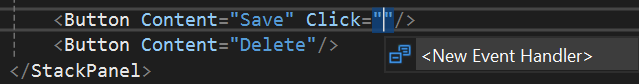 A screenshot of the Visual Studio new event handler auto complete UI in the XAML editor