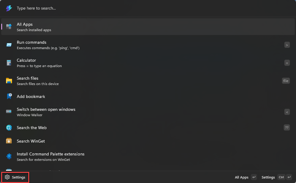 A screenshot of Command Palette with the Settings button highlighted with a red border