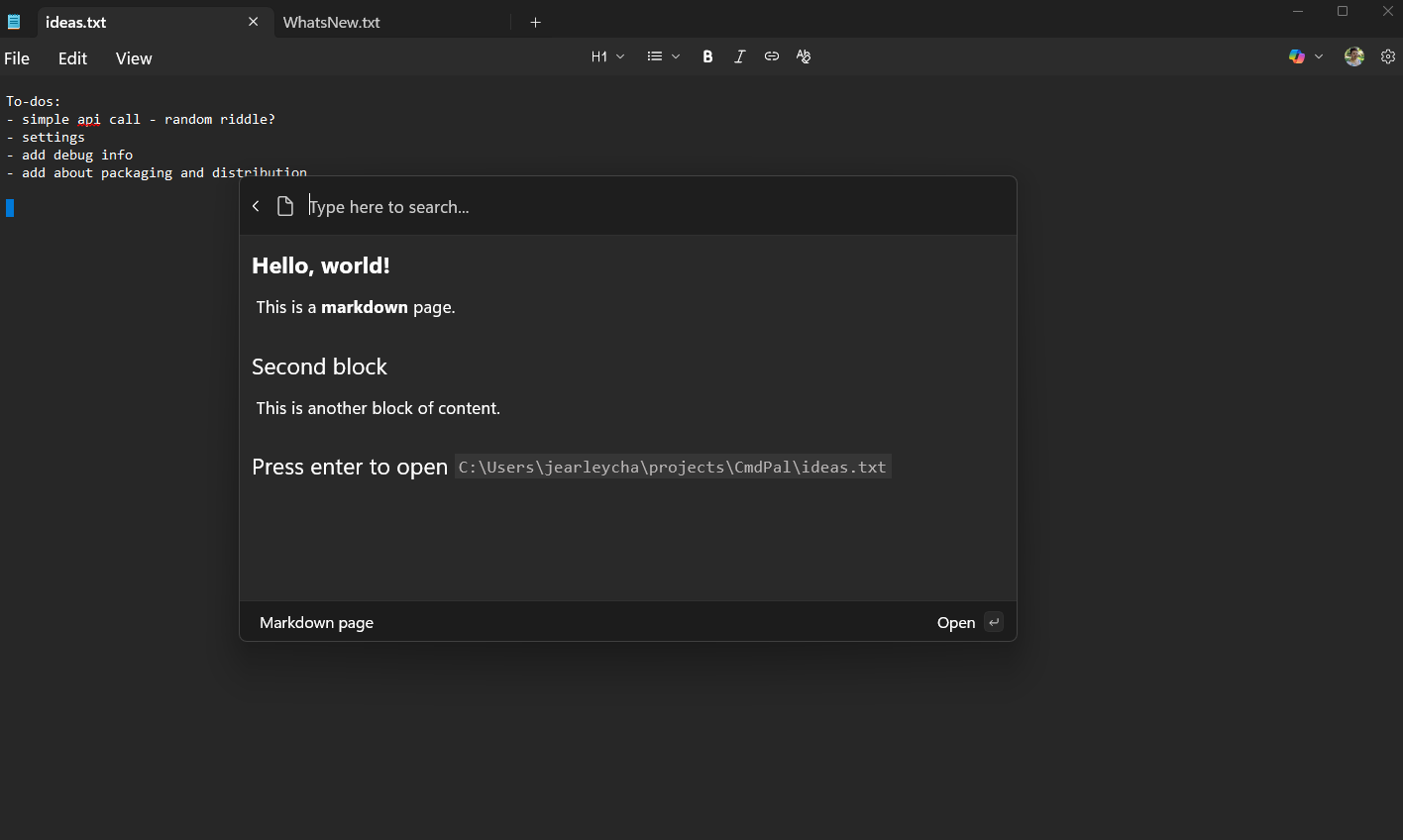 Screenshot of extension using CommandContextItem
