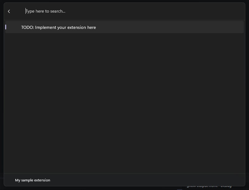 A screenshot of the empty extension template, running in the command palette