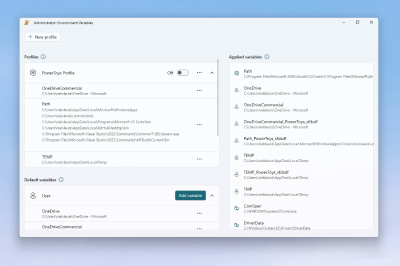A screenshot of the Environment Variables PowerToys utility for Windows.