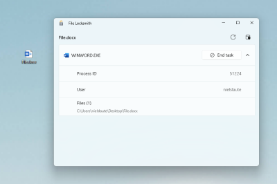 A screenshot of the File Locksmith PowerToys shell extension for Windows.