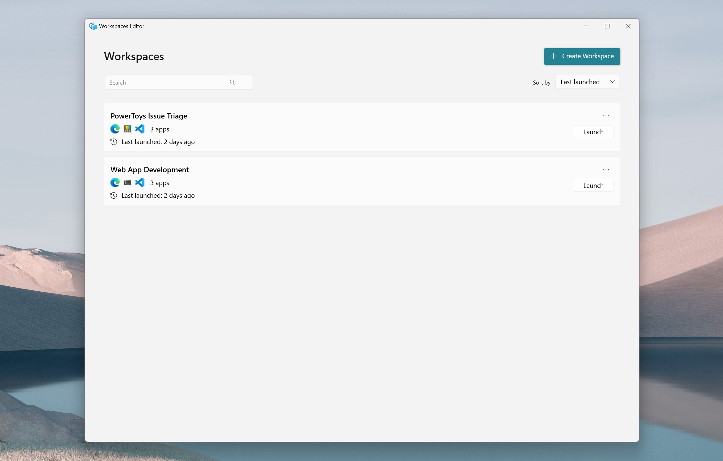 A screenshot of the Workspaces PowerToys utility for Windows.