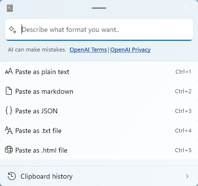 A screenshot of the Advanced Paste PowerToys utility for Windows.