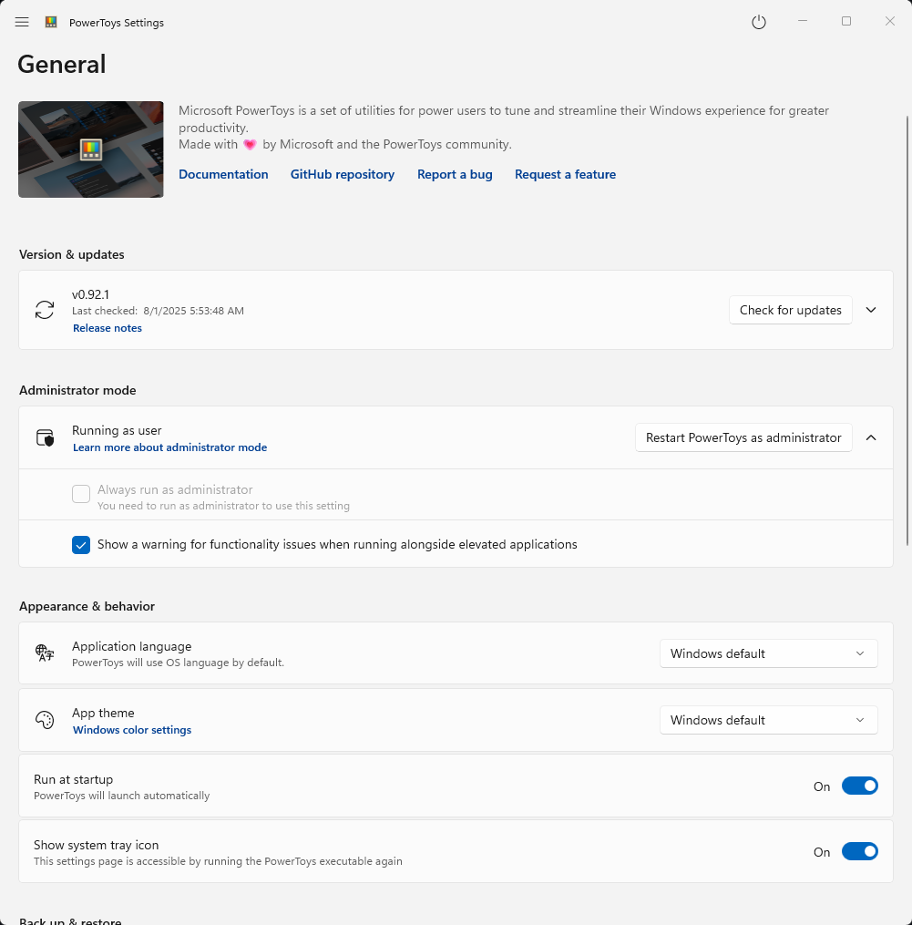 General settings of PowerToys