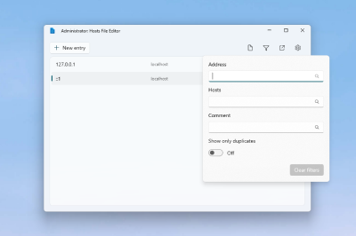 A screenshot of the Hosts File Editor PowerToys utility for Windows.