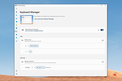 A screenshot of the Keyboard Manager PowerToys utility for Windows.