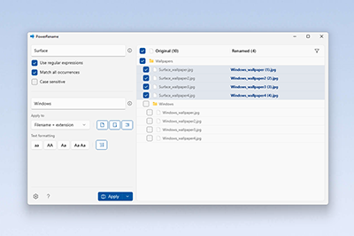 A screenshot of the PowerRename PowerToys utility for Windows.