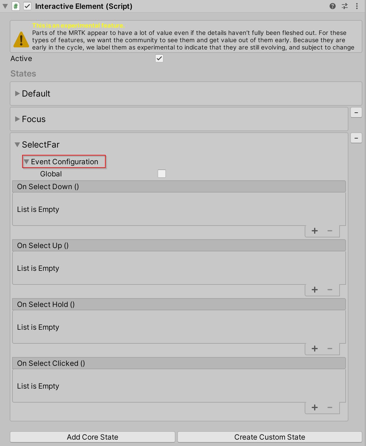 Add a Core State via Inspector with event configuration