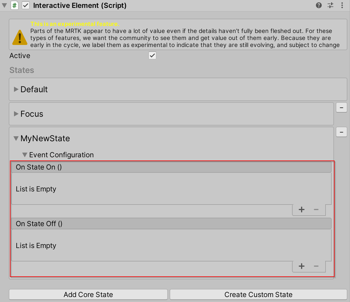 New state shown in the interactive element component