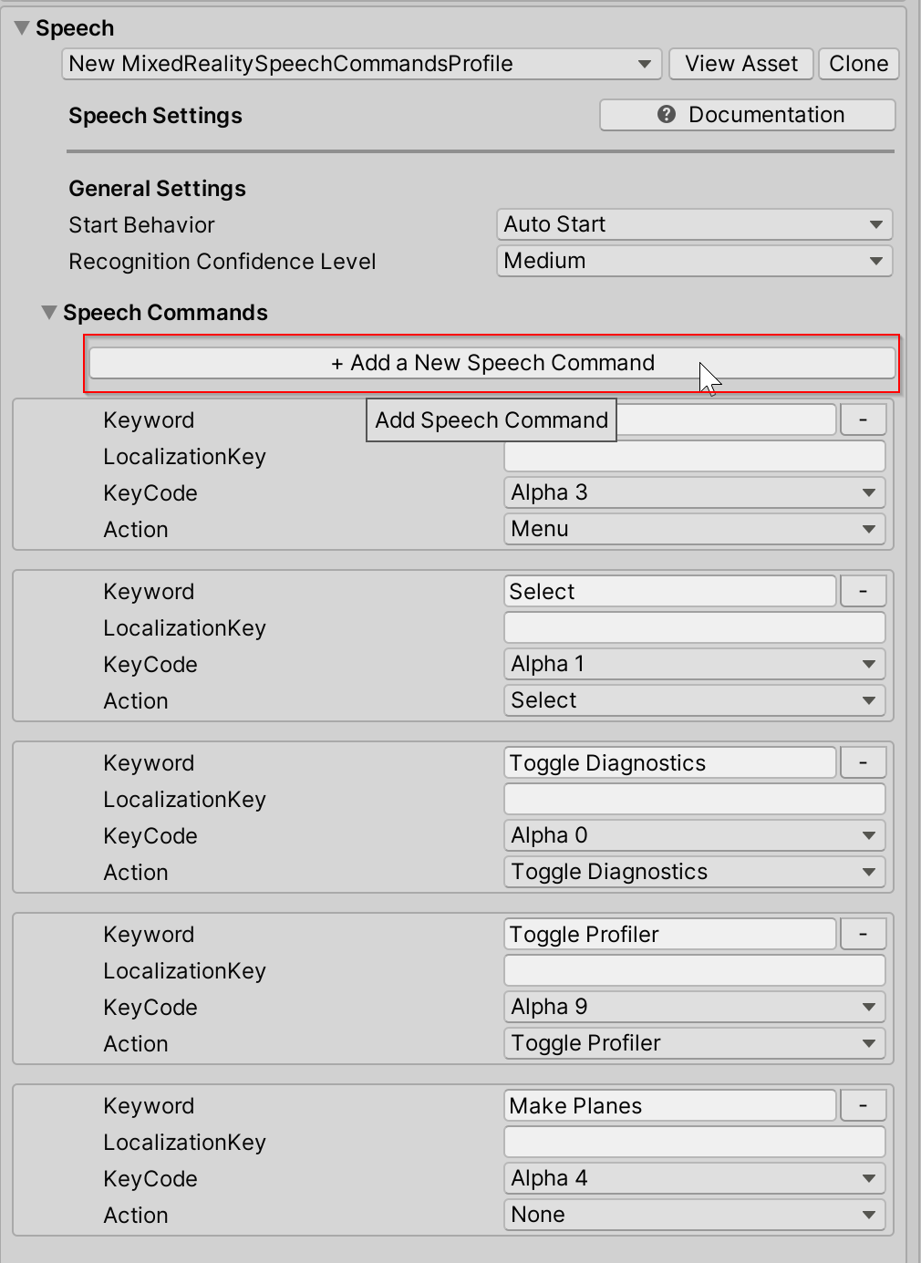 Adding a new speech keyword in the MRTK profile