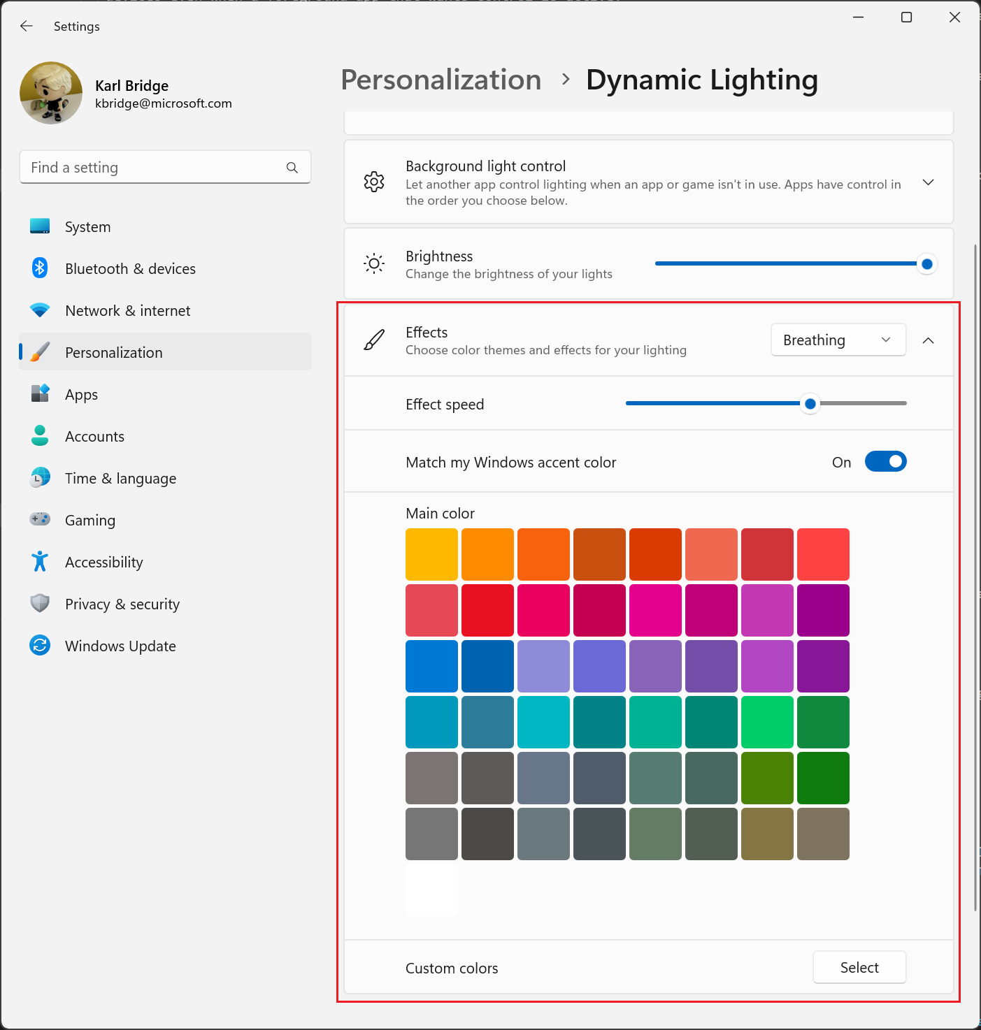 Screenshot of the Dynamic Lighting settings Effects screen.