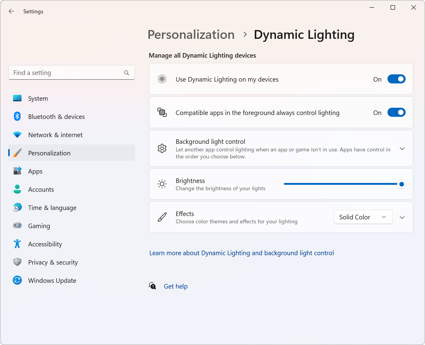 Screenshot of the Dynamic Lighting settings screen.