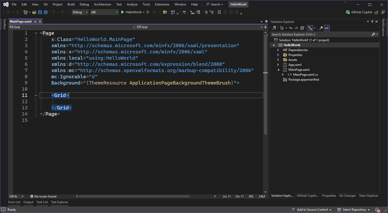 A screenshot of Visual Studio showing the Main Page in the X A M L editor