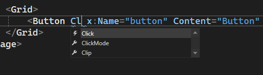A screenshot of the XAML editor showing the Click event in the properties pane