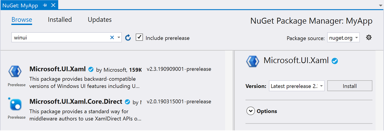 Screenshot of the NuGet Package Manager dialog box showing the Browse tab with win u i in the search field and Include prerelease checked.