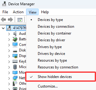 Screenshot of Device Manager show hidden devices menu