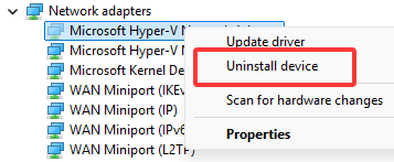 Screenshot of right-clicking a phantom pnp from the network list and selecting uninstall device