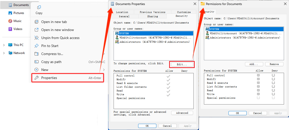 Properties windows to view or change permissions on NTFS directories