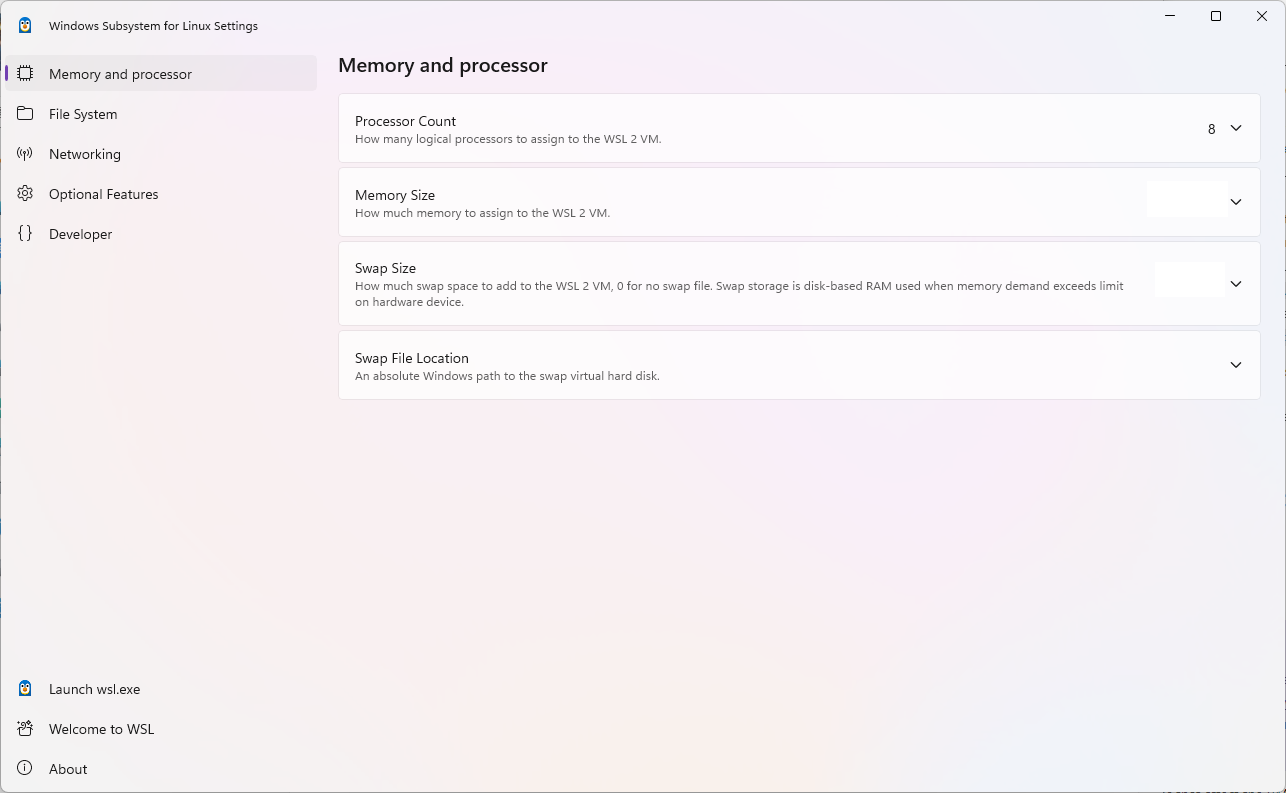 Windows Subsystem for Linux Settings