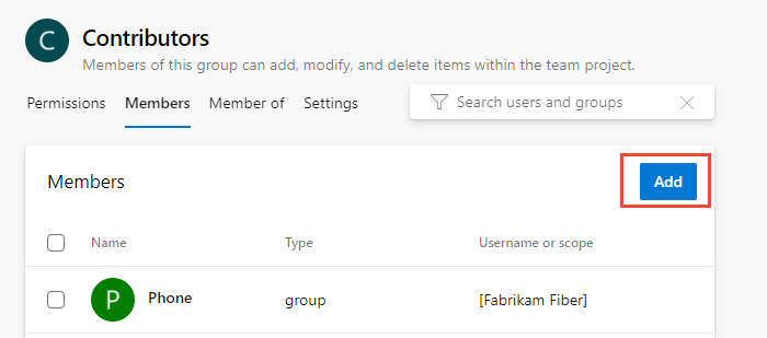 Capture d’écran de la page Sécurité, groupe Contributeurs, page Membres, bouton Ajouter.