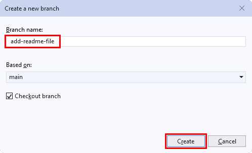 Capture d’écran de la fenêtre « Créer une nouvelle branche » dans Visual Studio.