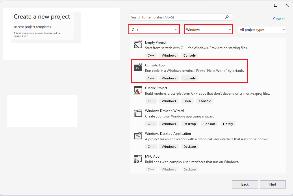Capture d’écran de la boîte de dialogue Créer un projet de Visual Studio.