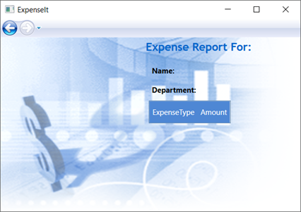 capture d’écran de l’exemple ExpenseIt montrant l’interface utilisateur créée pour ExpenseReportPage.