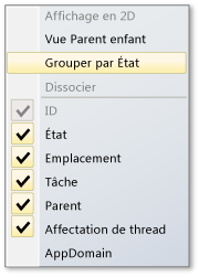 Menu Affichage contextuel dans la fenêtre Tâches