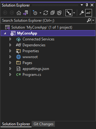 Capture d’écran montrant le projet MyCoreApp sélectionné et son contenu dans l’Explorateur de solutions dans Visual Studio.