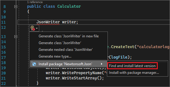 Capture d’écran d’une ampoule pour installer un package NuGet.