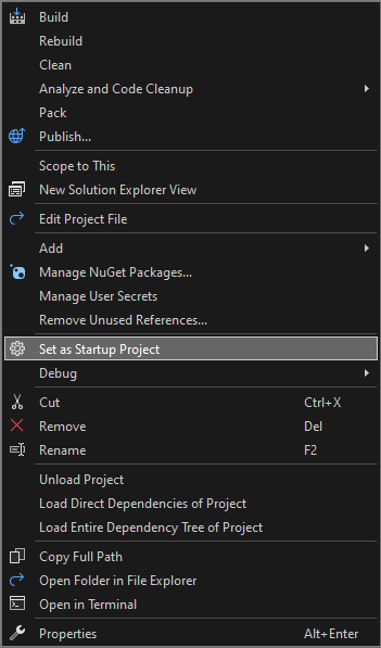 Capture d’écran montrant la définition du projet de démarrage.
