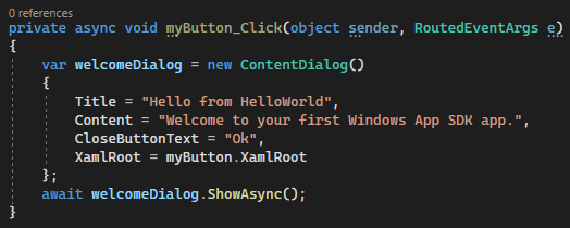 Capture d’écran montrant le code C# pour le nouveau gestionnaire d’événements asynchrone myButton_Click.