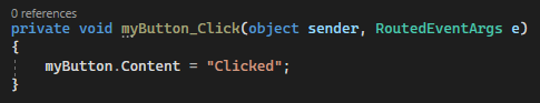 Capture d’écran montrant le code C# du gestionnaire d’événements myButton_Click par défaut.