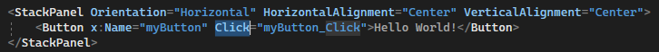 Capture d’écran montrant le code XAML du bouton dans l’éditeur XAML. L’événement click du bouton a été mis en surbrillance.