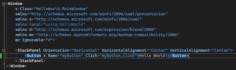 Capture d’écran montrant le code XAML du bouton dans l’éditeur XAML. La valeur de la propriété Content a été remplacée par « Hello World ! ».