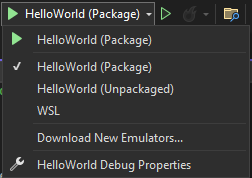 Capture d’écran montrant la zone déroulante ouverte en regard du bouton Lecture avec l’option « HelloWorld (package) » sélectionnée.