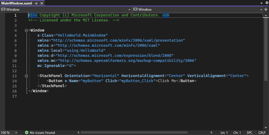 Capture d’écran montrant MainWindow.xaml ouvert dans l’IDE Visual Studio. Le volet Éditeur XAML affiche le balisage XAML de la fenêtre.