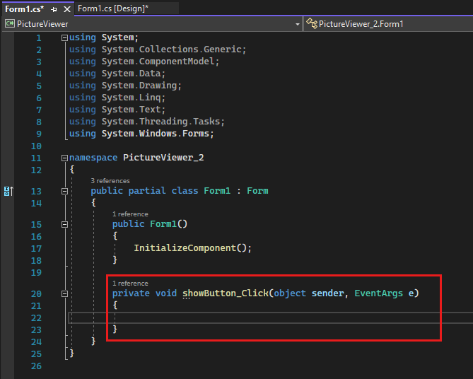 Capture d’écran montrant l’onglet Form1.cs avec du code Visual C#.