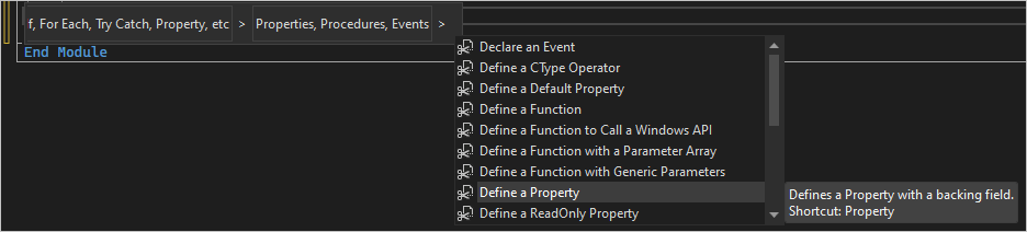 Capture d’écran du menu extrait de code pour Définir une propriété.