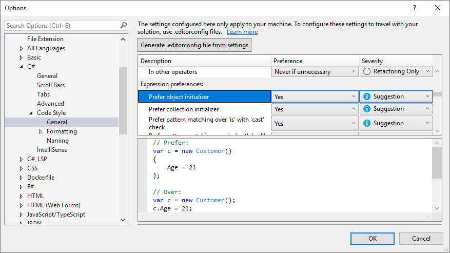 Capture d’écran des options de style de code.