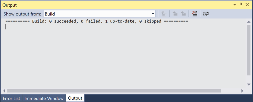 Capture d’écran de la fenêtre Sortie dans Visual Studio.