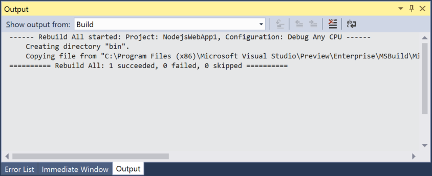 Capture d’écran de la sortie de build détaillée dans Visual Studio.
