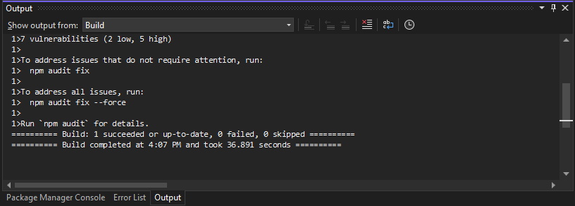 Capture d’écran de la fenêtre Sortie dans Visual Studio.