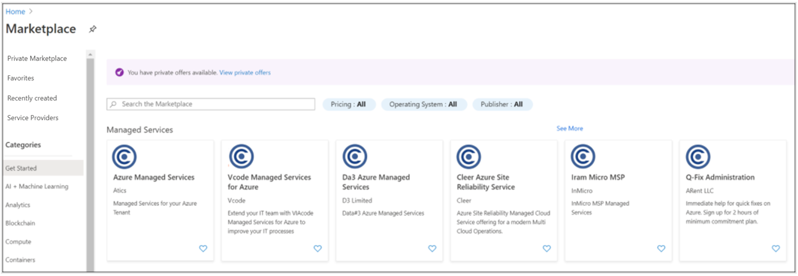 Képernyőkép a Microsoft Marketplace bal oldalán található Privát piactér menüről.