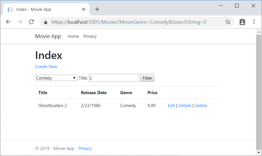 https://localhost:5001/Movies?MovieGenre=Comedy&SearchString=2 の結果を示すブラウザー ウィンドウ